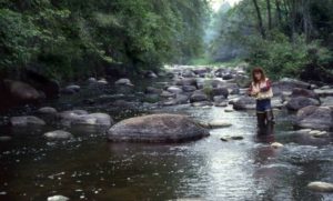 Angler probes a hot low-water smallmouth bass spot.