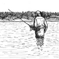 sketch of Tim wade-fishing in Lake Michigan